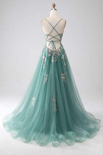 Green A-Line Spaghetti Straps Long Prom Dress With Sparkly Sequin Appliques