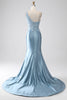 Load image into Gallery viewer, Grey Blue Mermaid Spaghetti Straps Long Beaded Prom Dress With Appliques