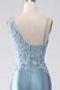 Load image into Gallery viewer, Grey Blue Mermaid Spaghetti Straps Long Beaded Prom Dress With Appliques