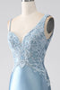 Load image into Gallery viewer, Grey Blue Mermaid Spaghetti Straps Long Beaded Prom Dress With Appliques