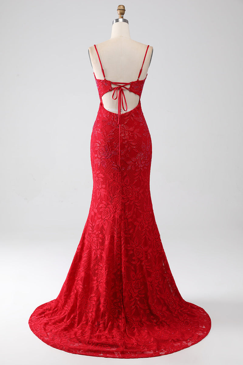 Load image into Gallery viewer, Red Mermaid Spaghetti Straps Beaded Lace Applique Prom Dress With Slit