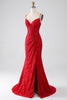 Load image into Gallery viewer, Red Mermaid Spaghetti Straps Beaded Lace Applique Prom Dress With Slit