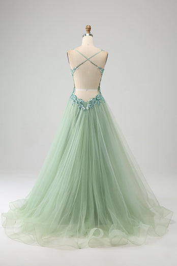 Gorgeous A Line V Neck Light Green Long Prom Dress with Appliques