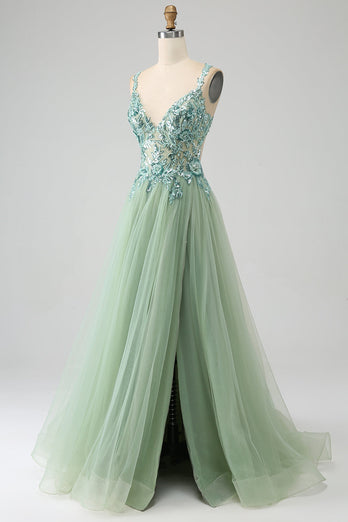 Gorgeous A Line V Neck Light Green Long Prom Dress with Appliques