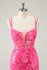 Load image into Gallery viewer, Gorgeous Hot Pink Bodycon Lace Up Glittler Short Graduation Dress with Slit