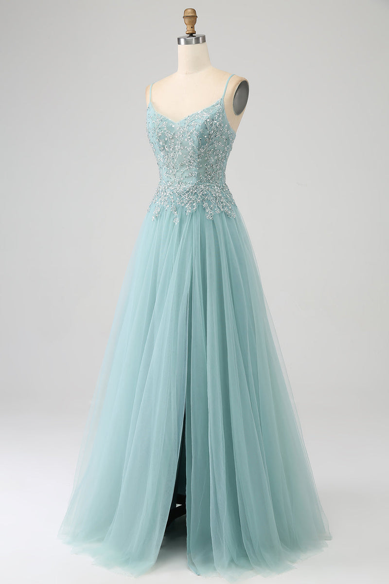 Load image into Gallery viewer, Sparkly Light Green A-Line Sequin Applique Corset Prom Dress with Slit