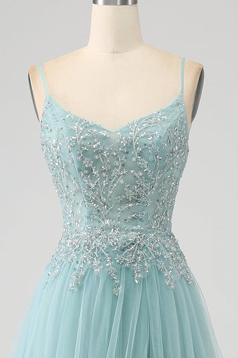 Sparkly Light Green A-Line Sequin Applique Corset Prom Dress with Slit