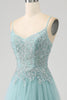 Load image into Gallery viewer, Sparkly Light Green A-Line Sequin Applique Corset Prom Dress with Slit