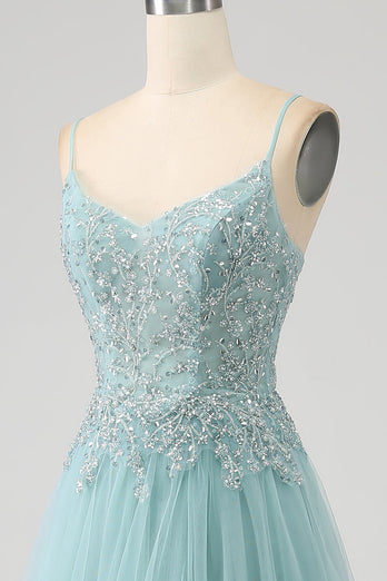 Sparkly Light Green A-Line Sequin Applique Corset Prom Dress with Slit