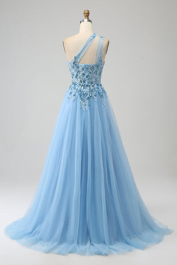 Light Blue A-Line One Shoulder Sequin Prom Dress with Appliques