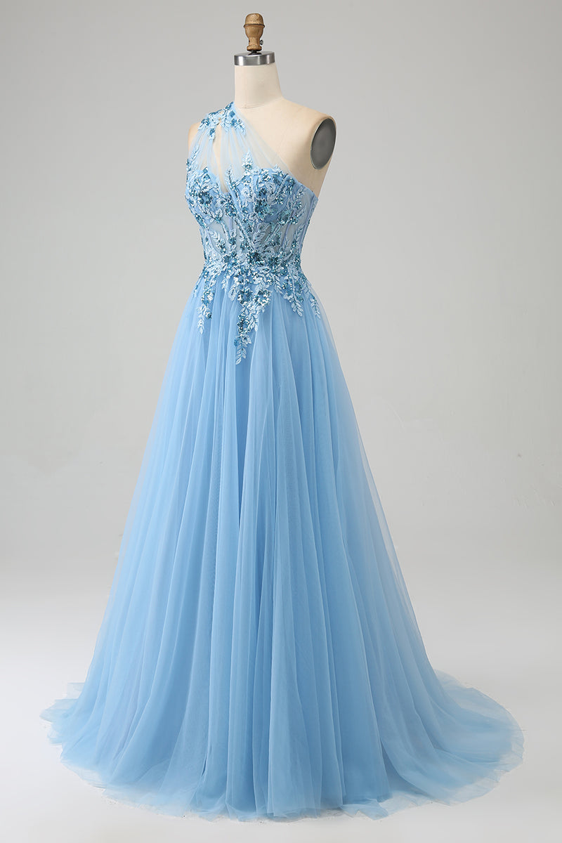 Load image into Gallery viewer, Light Blue A-Line One Shoulder Sequin Prom Dress with Appliques