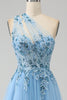 Load image into Gallery viewer, Light Blue A-Line One Shoulder Sequin Prom Dress with Appliques