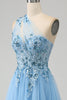 Load image into Gallery viewer, Light Blue A-Line One Shoulder Sequin Prom Dress with Appliques