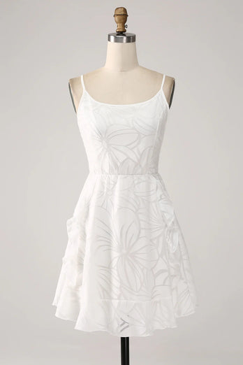 Sheath Spaghetti Straps Mini White Graduation Dress with Floral