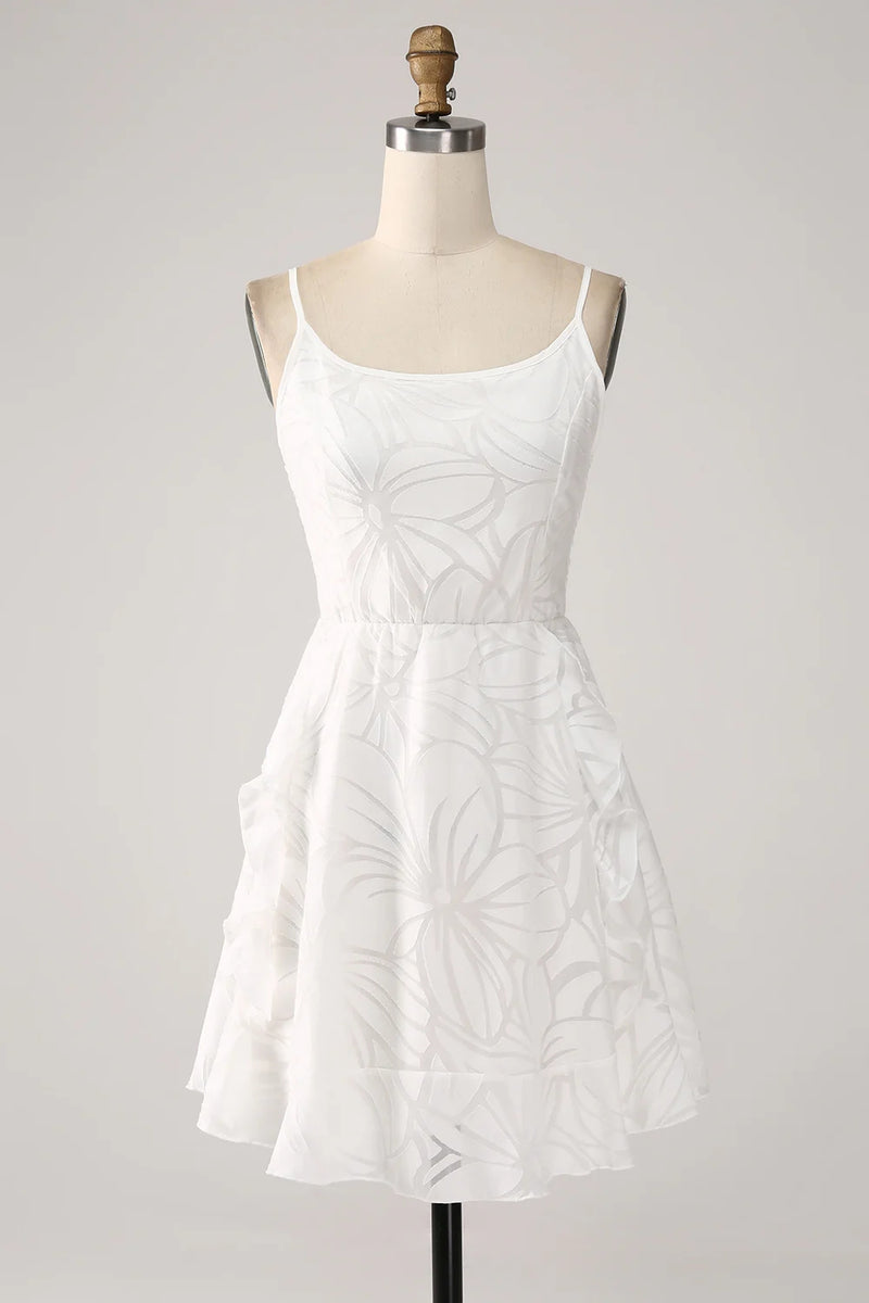 Load image into Gallery viewer, Sheath Spaghetti Straps Mini White Graduation Dress with Floral