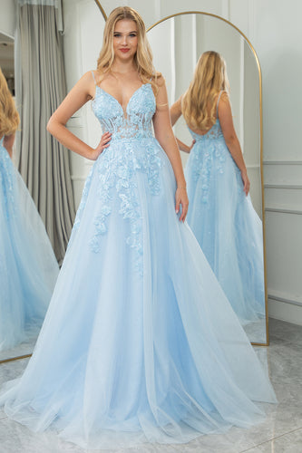 Light Blue A Line Spaghetti Straps Tulle Long Prom Dress with Appliques