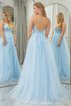 Light Blue A Line Spaghetti Straps Tulle Long Prom Dress with Appliques