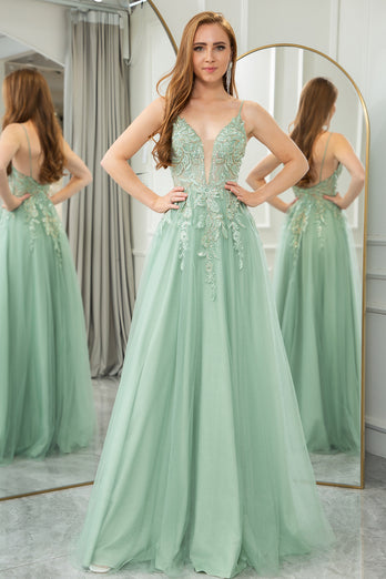 Green A Line Spaghetti Straps Tulle Long Prom Dress with Appliques