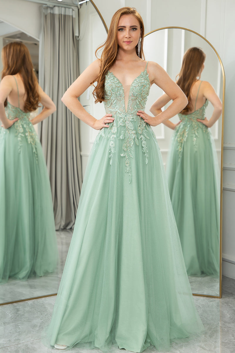 Load image into Gallery viewer, Green A Line Spaghetti Straps Tulle Long Prom Dress with Appliques