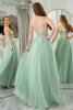 Load image into Gallery viewer, Green A Line Spaghetti Straps Tulle Long Prom Dress with Appliques