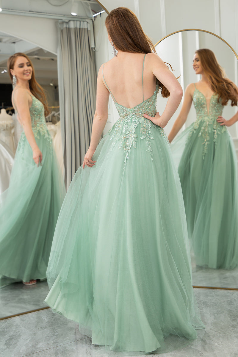 Load image into Gallery viewer, Green A Line Spaghetti Straps Tulle Long Prom Dress with Appliques