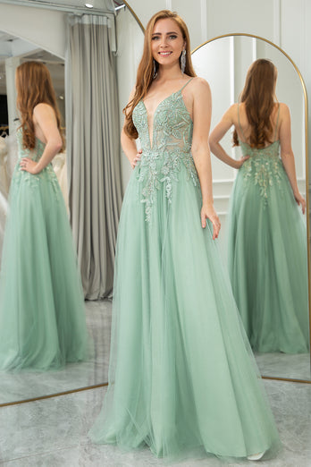 Green A Line Spaghetti Straps Tulle Long Prom Dress with Appliques