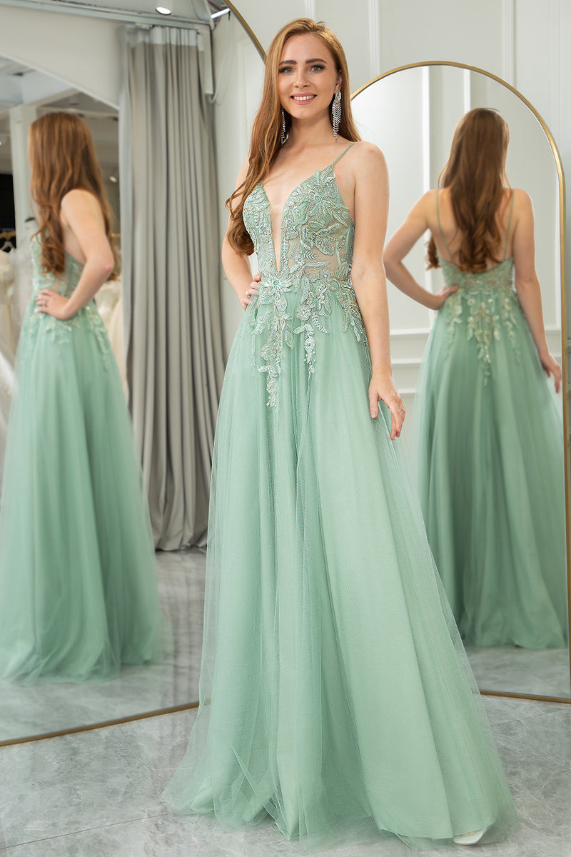 Load image into Gallery viewer, Green A Line Spaghetti Straps Tulle Long Prom Dress with Appliques