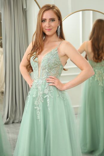 Green A Line Spaghetti Straps Tulle Long Prom Dress with Appliques