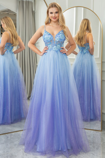 Blue A Line Spaghetti Straps Tulle Long Prom Dress with Appliques