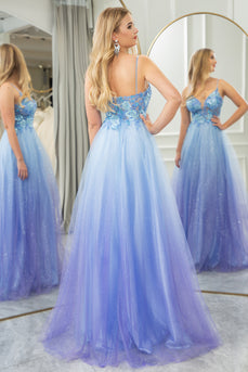 Blue A Line Spaghetti Straps Tulle Long Prom Dress with Appliques