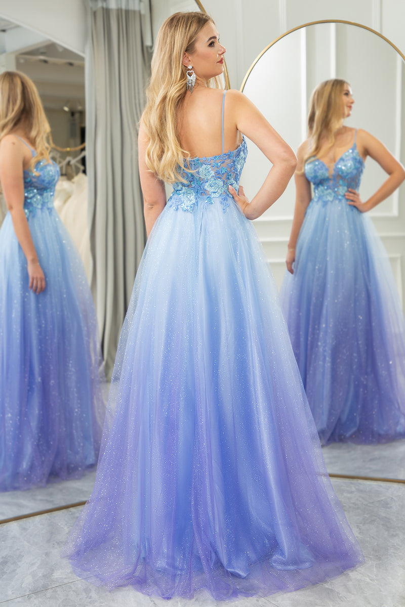 Load image into Gallery viewer, Blue A Line Spaghetti Straps Tulle Long Prom Dress with Appliques