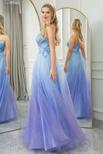 Blue A Line Spaghetti Straps Tulle Long Prom Dress with Appliques