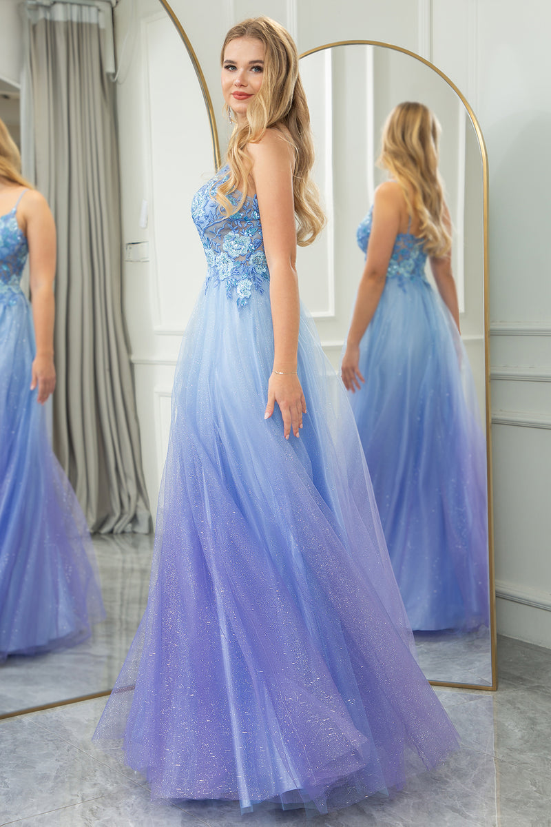 Load image into Gallery viewer, Blue A Line Spaghetti Straps Tulle Long Prom Dress with Appliques