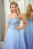 Load image into Gallery viewer, Blue A Line Spaghetti Straps Tulle Long Prom Dress with Appliques