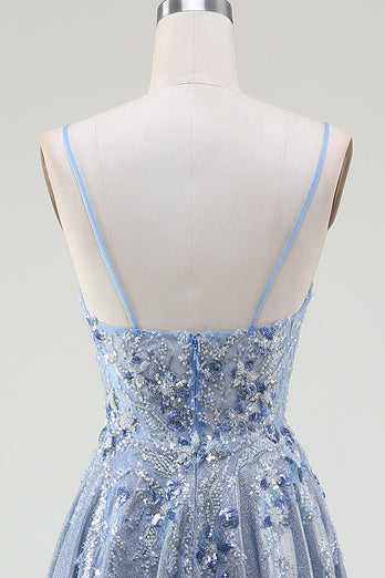 Glitter A-Line Spaghetti Straps Grey Blue Prom Dress