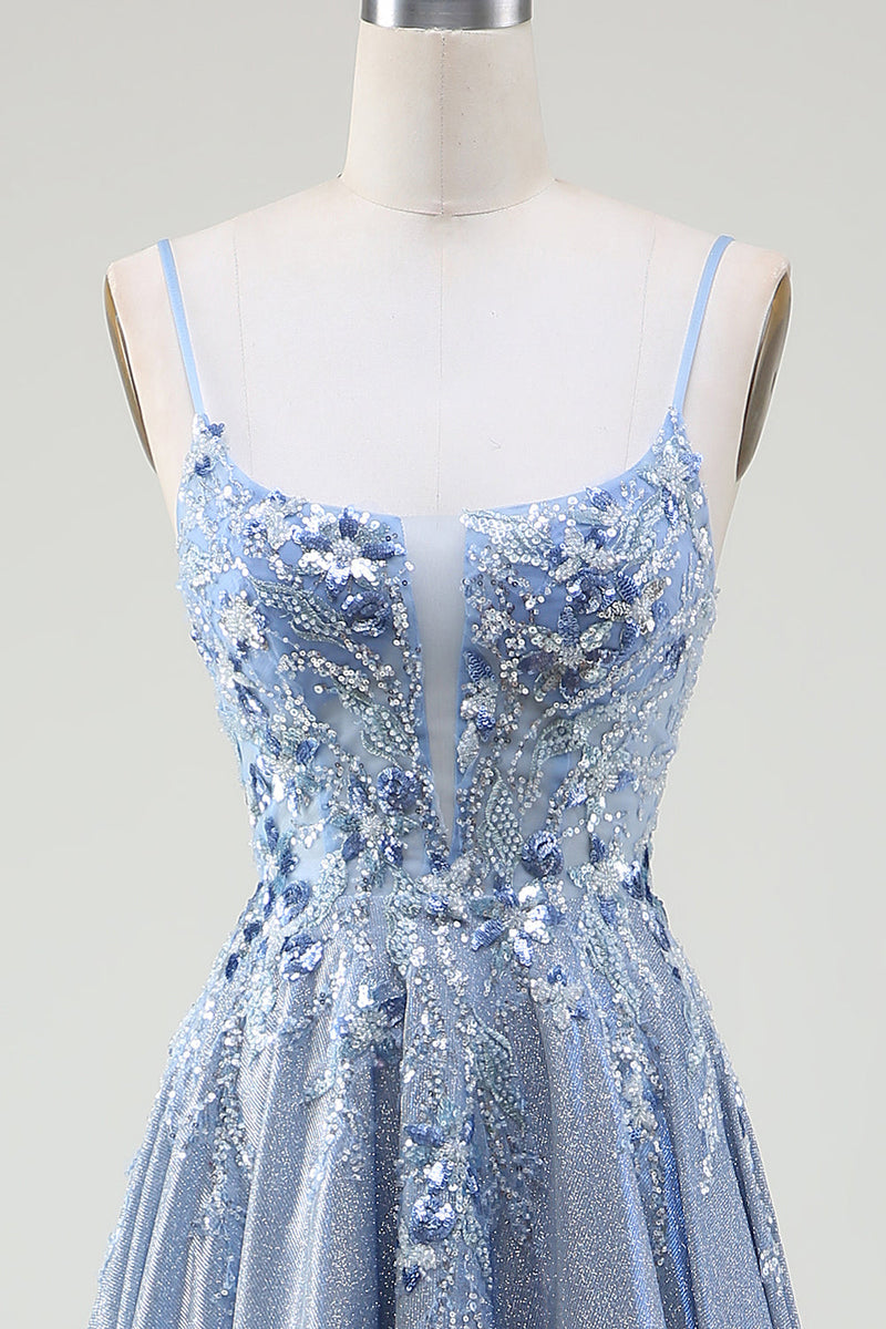 Load image into Gallery viewer, Glitter A-Line Spaghetti Straps Grey Blue Prom Dress