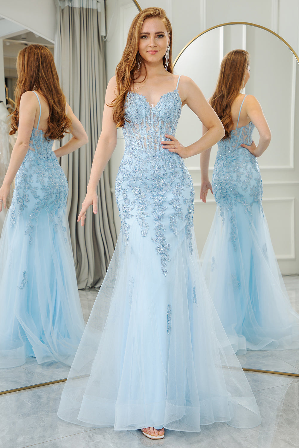 Light Blue Mermaid Spaghetti Straps Tulle Long Prom Dress with Appliques