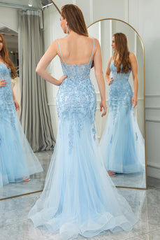 Light Blue Mermaid Spaghetti Straps Tulle Long Prom Dress with Appliques