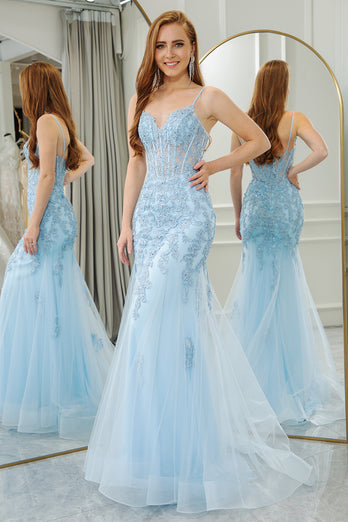 Light Blue Mermaid Spaghetti Straps Tulle Long Prom Dress with Appliques