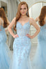 Load image into Gallery viewer, Light Blue Mermaid Spaghetti Straps Tulle Long Prom Dress with Appliques