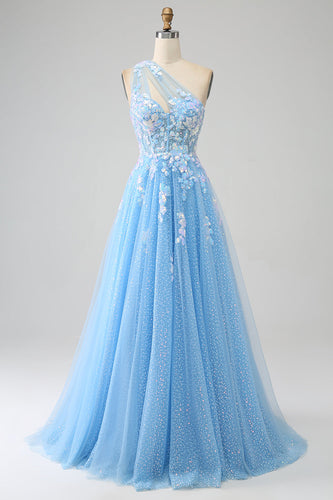 Light Blue A-line One Shoulder Tulle Long Prom Dress with Appliques