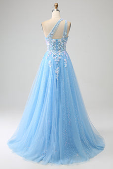 Light Blue A-line One Shoulder Tulle Long Prom Dress with Appliques