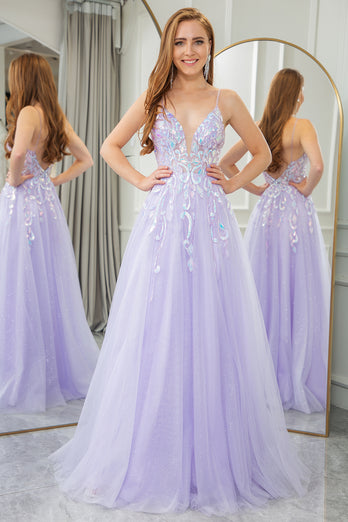 Lilac A Line Spaghetti Straps Tulle Long Prom Dress with Sequins