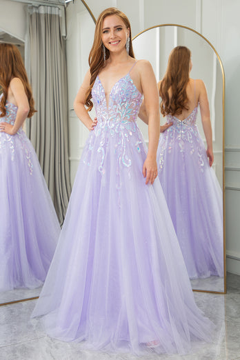 Lilac A Line Spaghetti Straps Tulle Long Prom Dress with Sequins