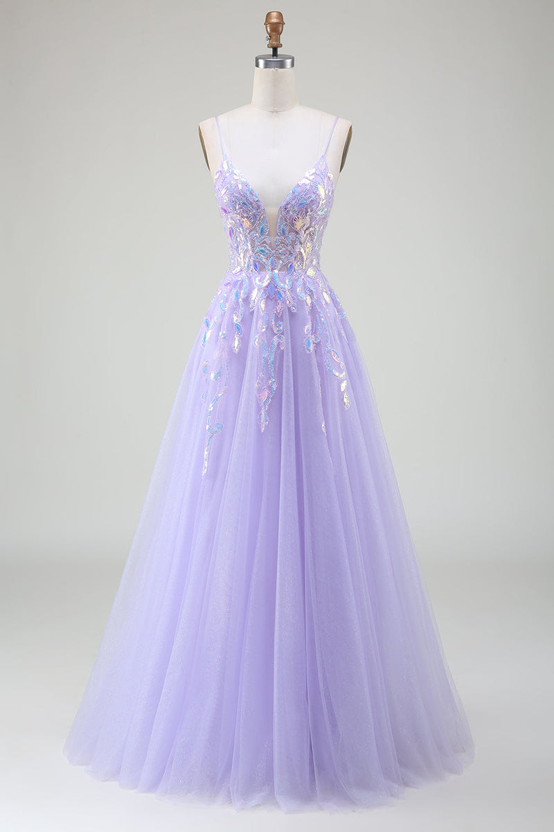 Load image into Gallery viewer, A-Line Purple Prom Dress with Sequins