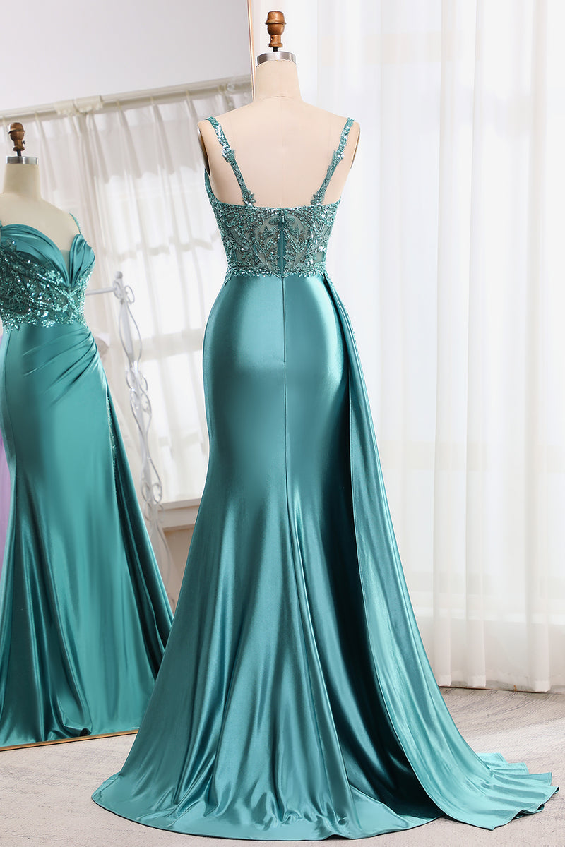 Load image into Gallery viewer, Mermaid Blue Appliques Pleated Prom Dress with Slit