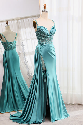 Mermaid Blue Appliques Pleated Prom Dress with Slit