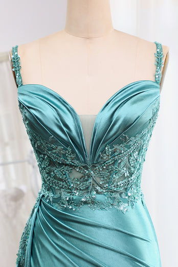 Mermaid Blue Appliques Pleated Prom Dress with Slit