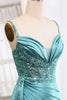 Load image into Gallery viewer, Mermaid Blue Appliques Pleated Prom Dress with Slit