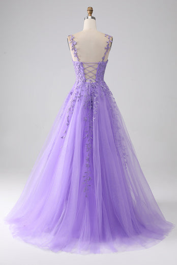 Lilac A-Line Spaghetti Straps Long Prom Dress with Appliques